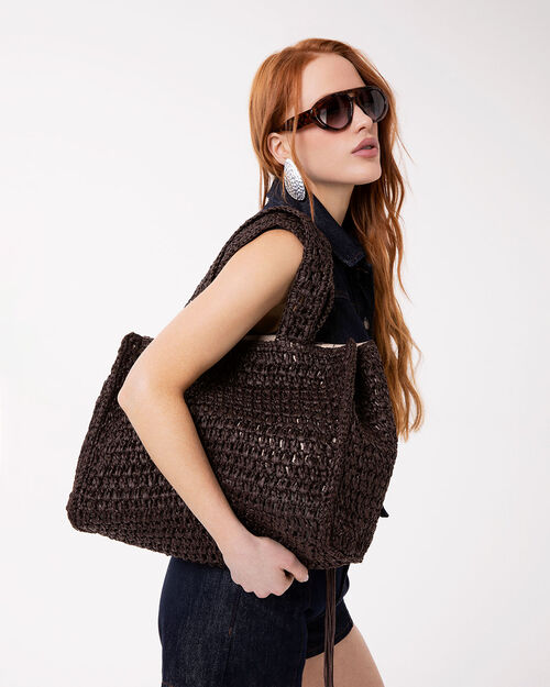 BORSA MARE GRANDE SINTETICO RAFFIA MORO, DK BROWN