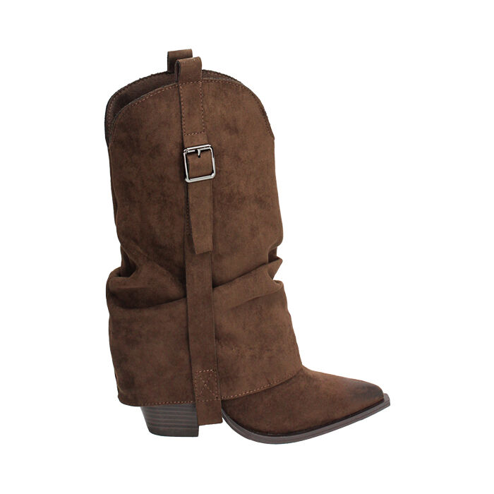 Texani con gambale arricciato in microfibra testa di moro, Primadonna, 263063906MFMORO040