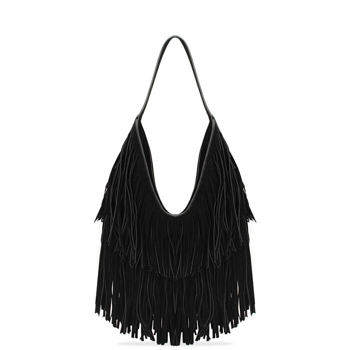 Borsa a spalla nera in microfibra con frange, Primadonna, 265126624MFNEROUNI