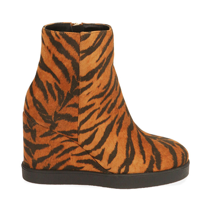 Ankle boots tigrati in microfibra, zeppa 7,5 cm , Primadonna, 204989101MFTIGR035