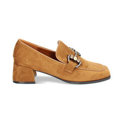 Mocassino cognac in microfibra, tacco largo 4,8 cm, Primadonna, 244937126MFCOGN036, 001 preview