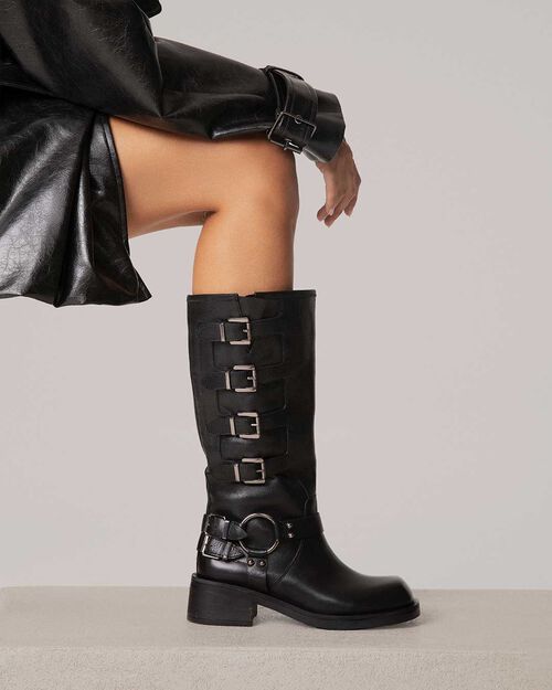 Bota biker negra con hebillas, BLACK