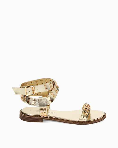 Sandali bassi oro in laminato, con borchie, GOLD