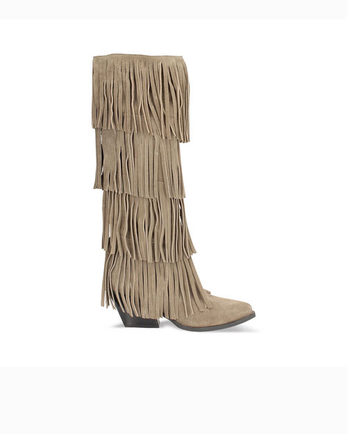 Stivali texani taupe in camoscio con frange, TAUPE