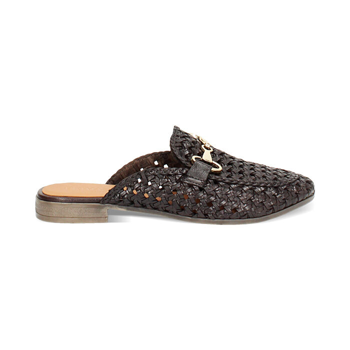 Zuecos de mujer color marrón oscuro en cuero entrelazado, Primadonna, 251429029PIMORO036