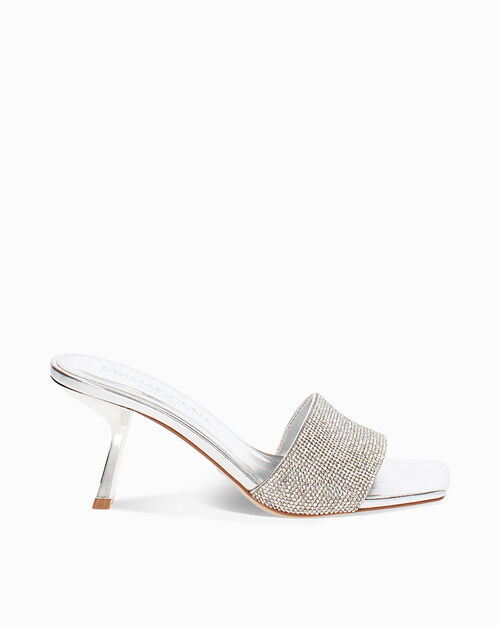 Mules open toe donna argento in laminato e pietre, tacco 7,5 cm, SILVER