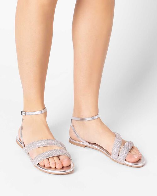 Sandali bassi donna argento in laminato con pietre, SILVER