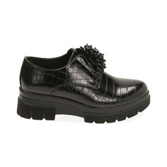 Zapatos negros de cordones con estampado de cocodrilo, tacón de 5,5 cm., Primadonna, 200685981CCNERO036, 001 preview