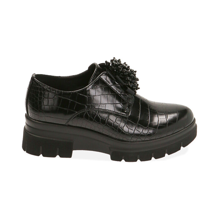 Zapatos negros de cordones con estampado de cocodrilo, tacón de 5,5 cm., Primadonna, 200685981CCNERO036