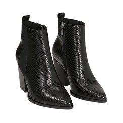 Camperos neri in eco-pelle, effetto snake, tacco 8 cm , Stivaletti, 140585962EVNERO036, 002a