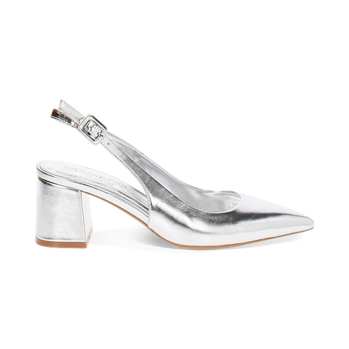 Décolleté slingback donna argentate, tacco largo 6,5 cm, Primadonna, 252121506LMARGE035