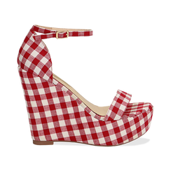 Sandali bianco/rossi in tessuto Vichy, zeppa 13 cm,
