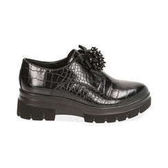 Chaussures à lacets noires imprimé croco, semelle compensée 5 cm , Soldés, 180685981CCNERO036, 001 preview