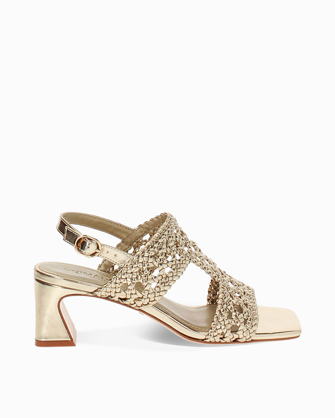 Sandalo donna oro intrecciato, tacco 5,5 cm