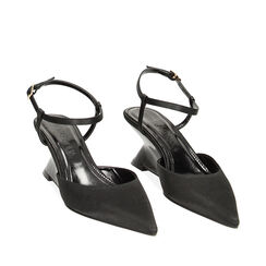 Décolleté slingback nere in raso, zeppa 6,1 cm, 232170501RSNERO035, 002a