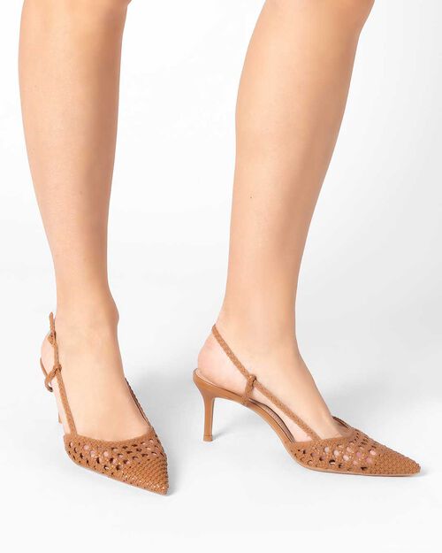 D&eacute;collet&eacute; slingback donna cognac con intreccio, tacco 7 cm, COGNAC