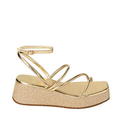 Sandali oro, zeppa glitter 5,5 cm, Primadonna, 214958502LMOROG036, 001a