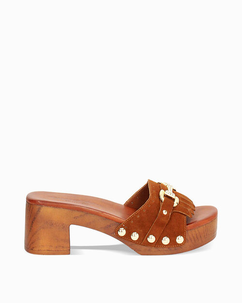 WOMEN SHOES CLOG SUEDE COGN, COGNAC