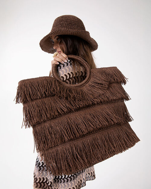 Borsa mare con frange marrone, BROWN