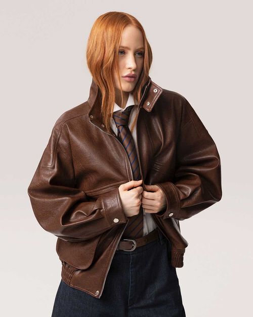 Giubbino marrone con colletto alto da donna, BROWN