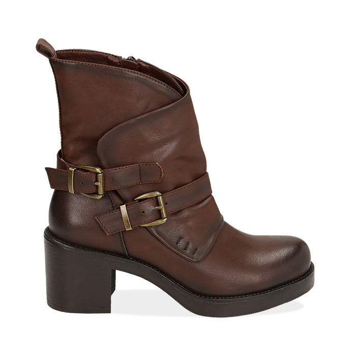 Biker boots cuoio con fibbie in eco-pelle, tacco 7 cm , Scarpe, 143091353EPCUOI036