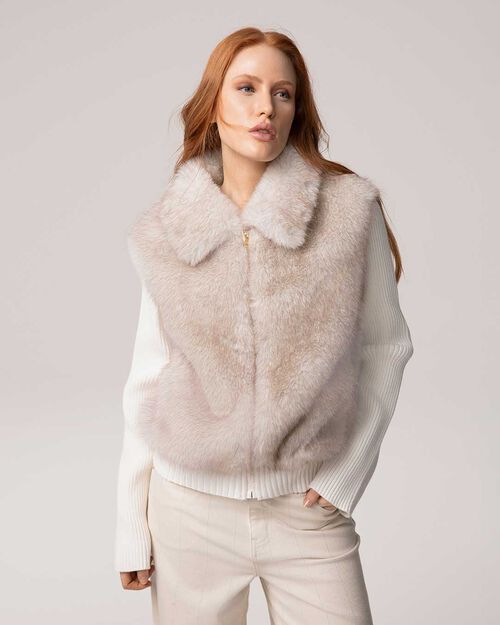 Chaqueta de pelo sint&eacute;tico crema con detalles de canal&eacute;, CREAM