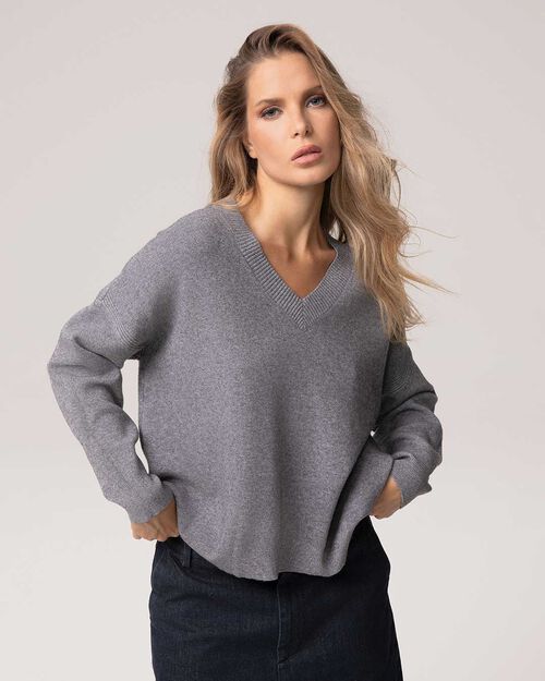 Pull gris oversize avec d&eacute;collet&eacute; en V, GREY