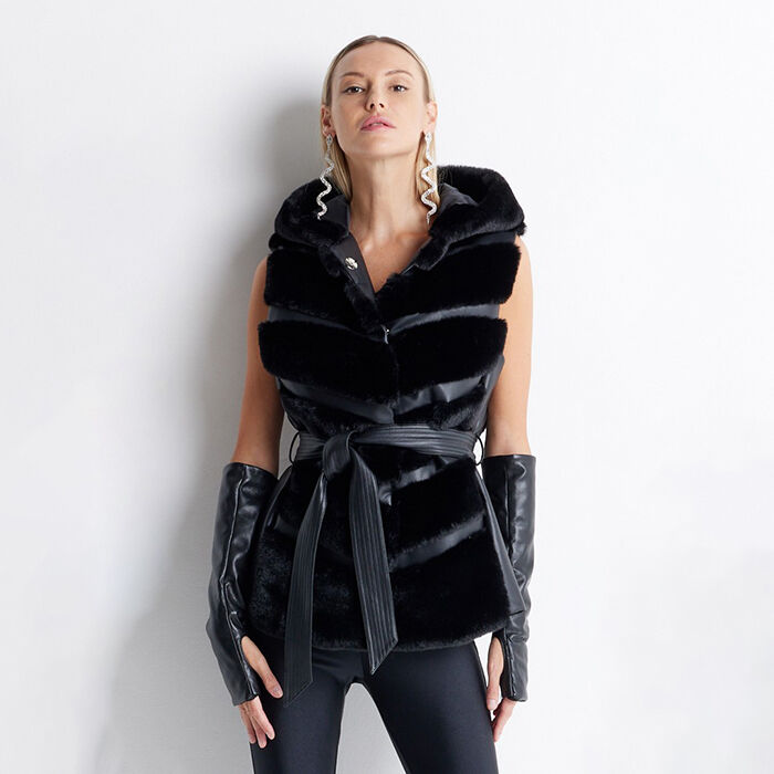 Cappotto smanicato nero cappuccio, Primadonna, 226500221FUNEROL