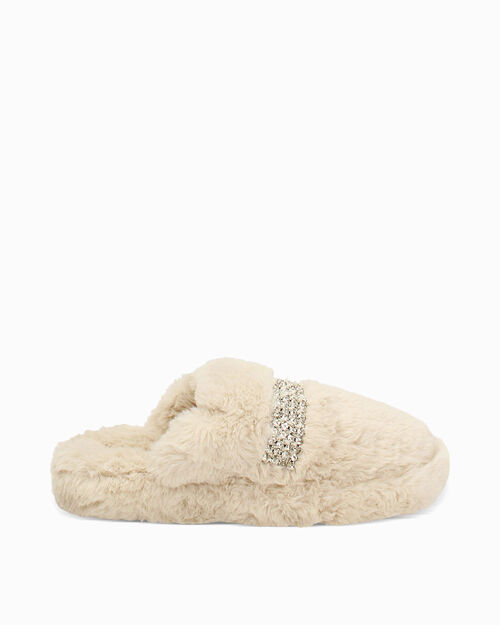 Pantoufles en fourrure synth&eacute;tique cr&egrave;me avec semelle en caoutchouc, CREAM