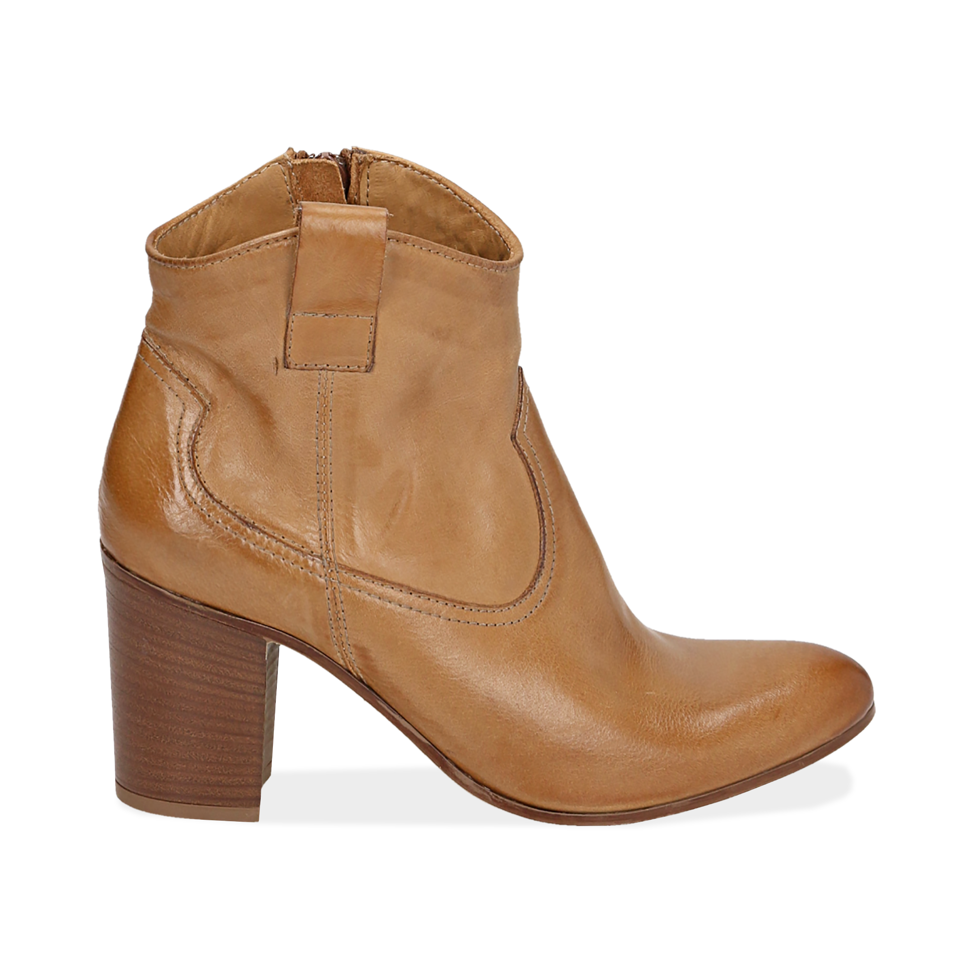 Botines en piel color cuero, tacón 7,50 cm | Primadonna Collection