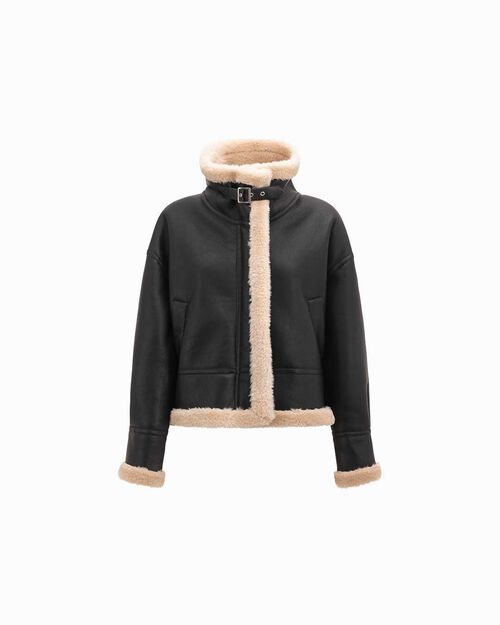 Veste en peau lain&eacute;e noire shearling, BLACK