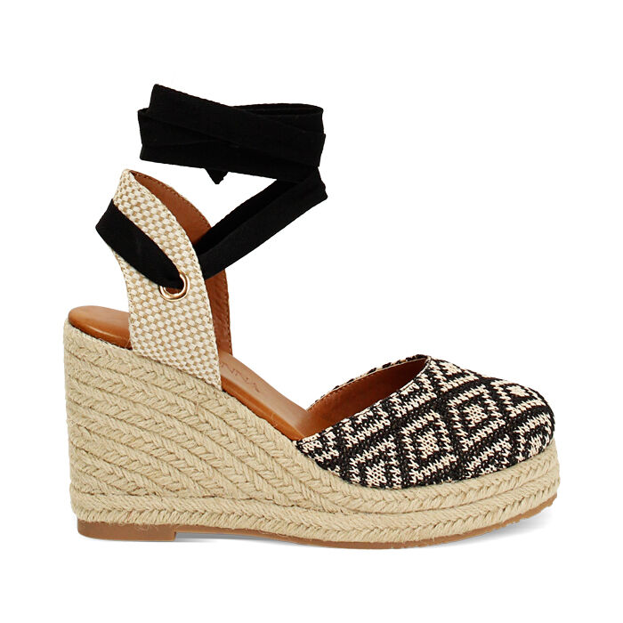 Espadrilles femme noires crème en raphia, Primadonna, 254920101RFNEPA035
