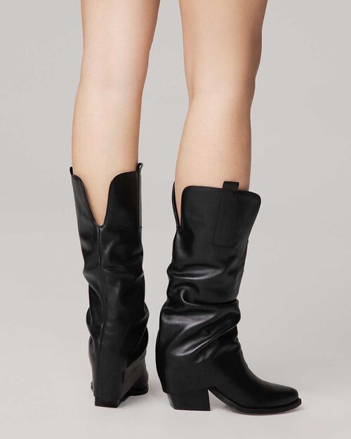 Bota cowboy negra de piel tac&oacute;n 7 cm, BLACK