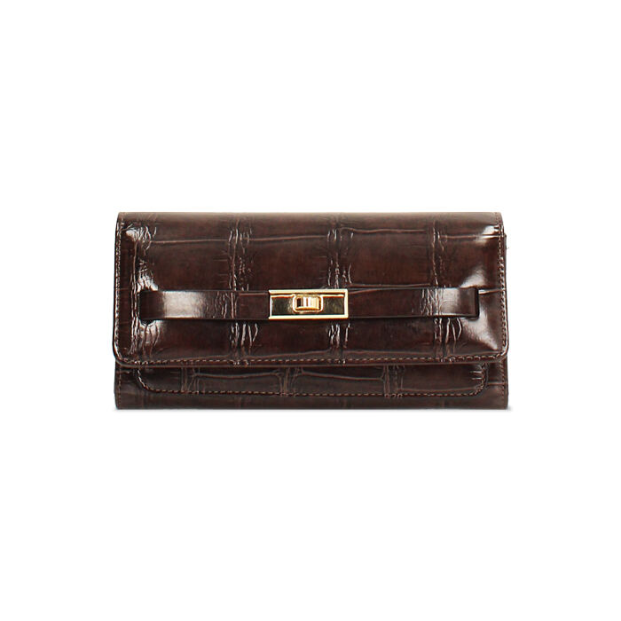 Portefeuille en synthétique brun foncé avec texture effet coco, Primadonna, 265705011CCMOROUNI