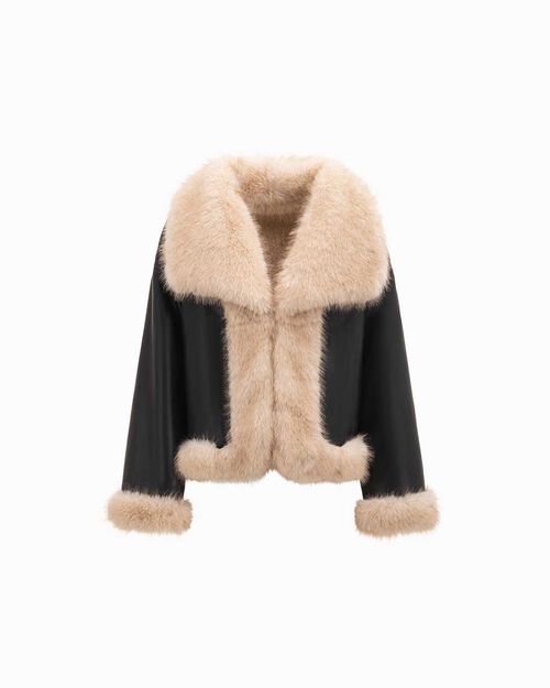 Cazadora de pelo sint&eacute;tico negra con cuello amplio, BLACK