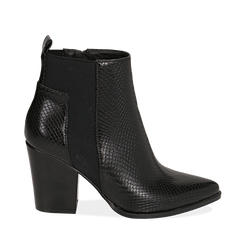 Camperos neri in eco-pelle, effetto snake, tacco 8 cm , Stivaletti, 140585962EVNERO036, 001a