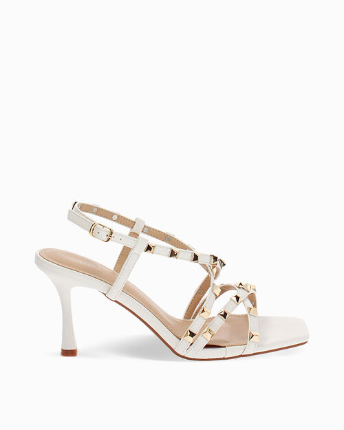 Sandali bianchi con borchie tacco 7,5 cm, WHITE