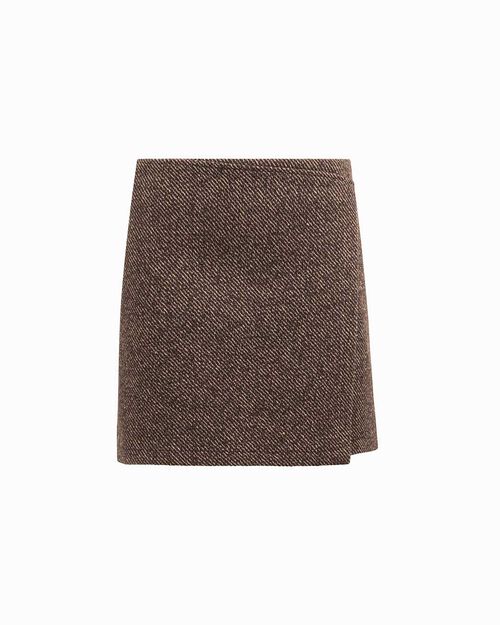 Jupe marron portefeuille en tissu tweed, BROWN