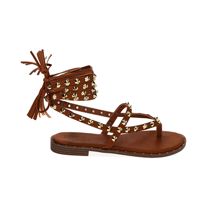 Sandali lace-up cognac con borchie, Primadonna, 214988301EPCOGN035