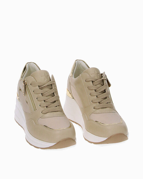 Sneakers beige con zeppa, BEIGE