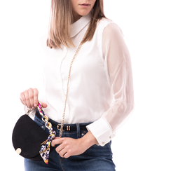 Borsa a mano nera in microfibra con manico foulard in raso, 