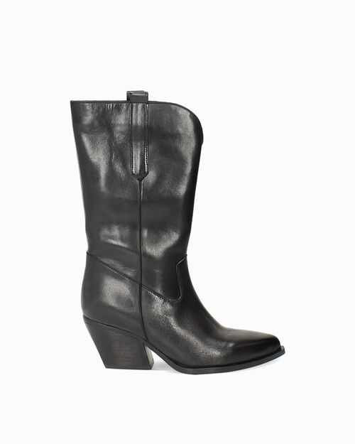 Bota cowboy negra en piel tac&oacute;n 7 cm, BLACK