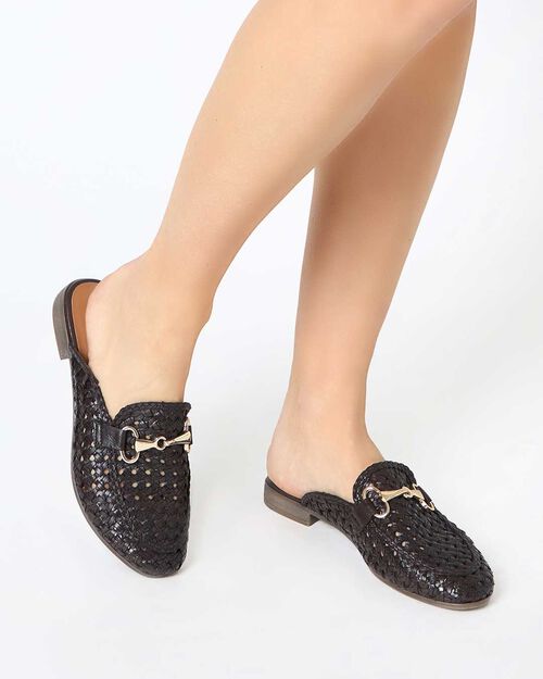 Sabot femme marron fonc&eacute; en cuir tress&eacute;, DK BROWN