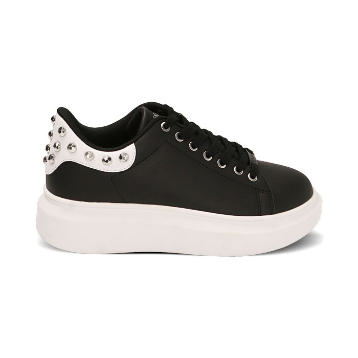 Sneakers nere con borchie, suola 4,5 cm, Primadonna, 222621101EPNERO035