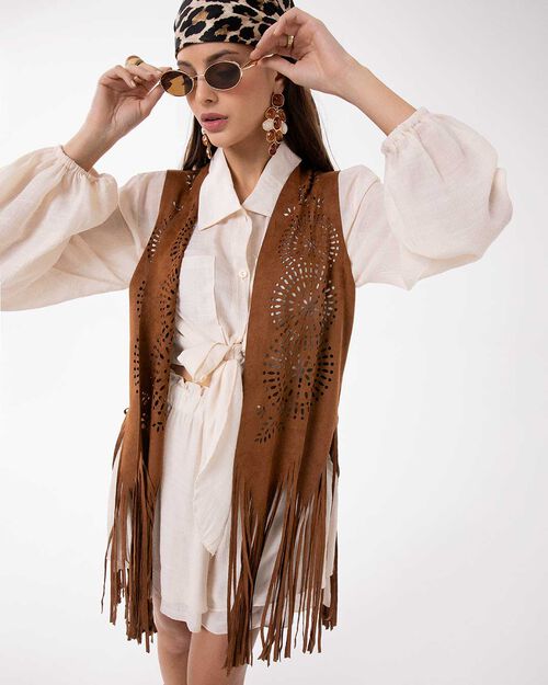 Chaleco cognac elegante con detalles refinados, COGNAC