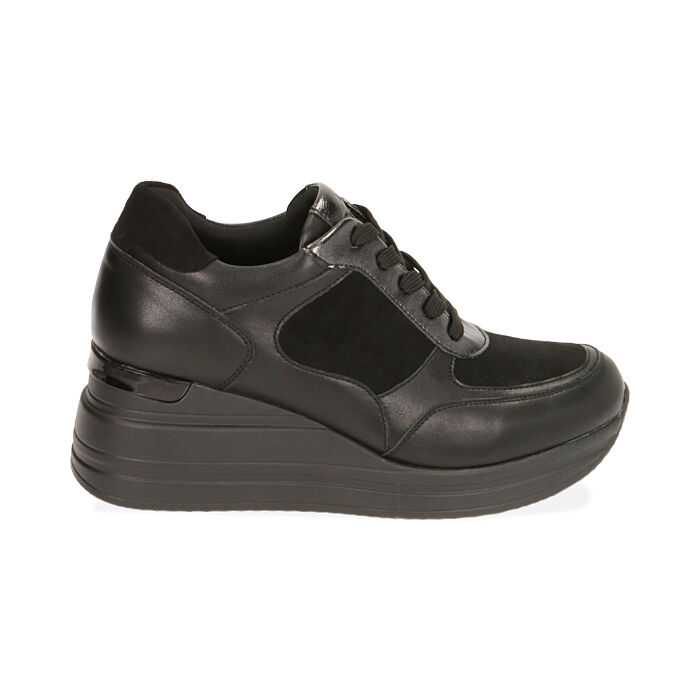 Sneakers nere in microfibra, zeppa 6 cm , Primadonna, 202817247MFNERO035
