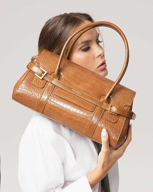 Bolso de mano camel en material sint&eacute;tico, CAMEL