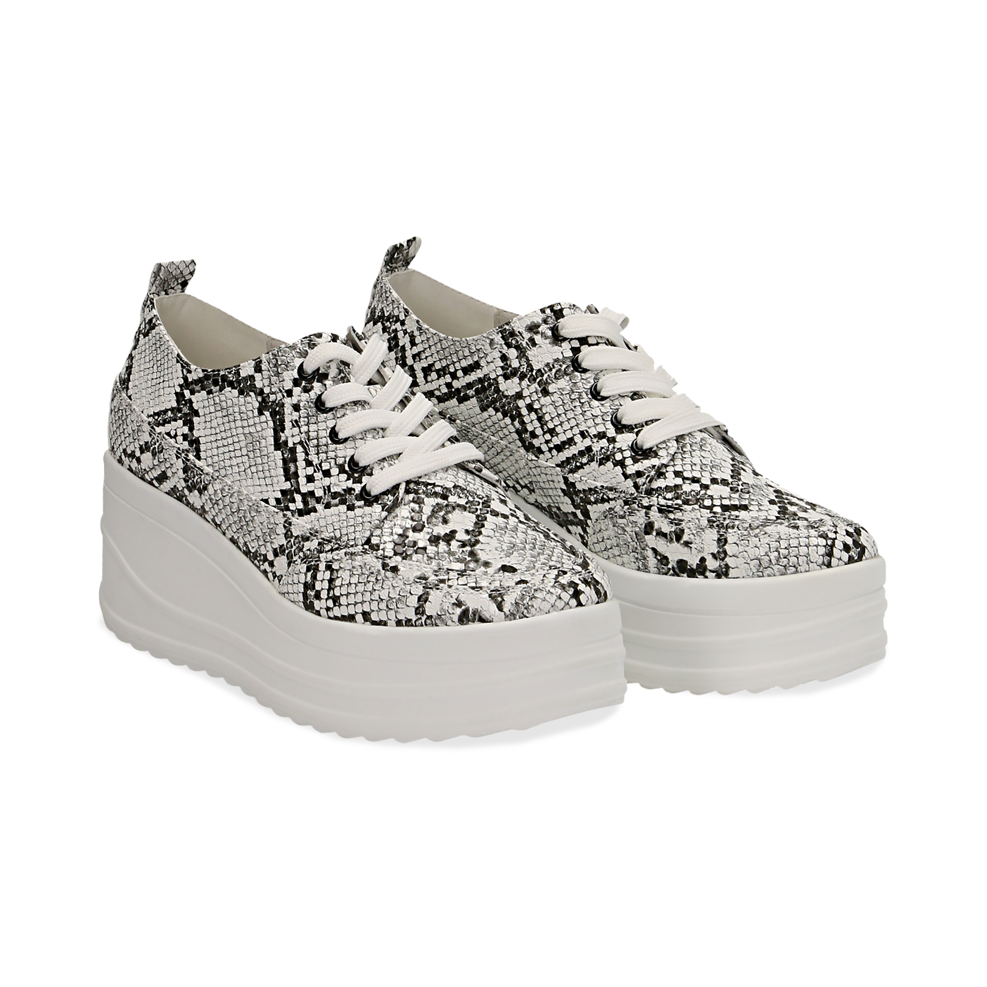 Sneakers da donna bianche e nere in eco-pelle effetto snake skin, zeppa 6  cm | Primadonna Collection