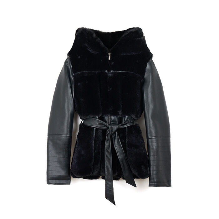 Giacca in pelo sintetico nero con cintura, Primadonna, 268502310FUNEROL