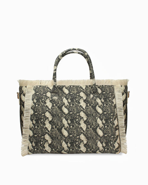 Borsa canvas pitone nero-beige con tasche, MULTI COLOR